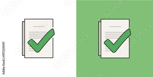 Successfully approved document stack with a green checkmark icon, symbolizing task completion, verification, and successful submission across different background contexts