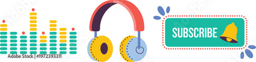 Social media content creator icon set with music audio equalizer headphones and youtube subscribe button with notification bell vector illustration