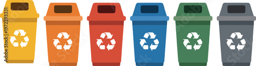 Colorful recycling bins set with waste sorting icons for environmental protection ecology and sustainable garbage management vector illustration