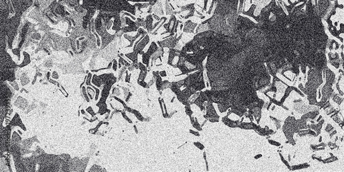 Grayscale abstract image with a chaotic arrangement of organic shapes and a grainy texture, suggesting a microscopic view or an abstract biological form Keywords: grayscale, abstract, organic