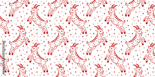 Seamless pattern with goats and stars, red line art design, Chinese New Year 2027 wrapping paper, festive decorative background