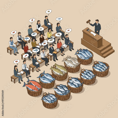 Fish market auction with people bidding.
