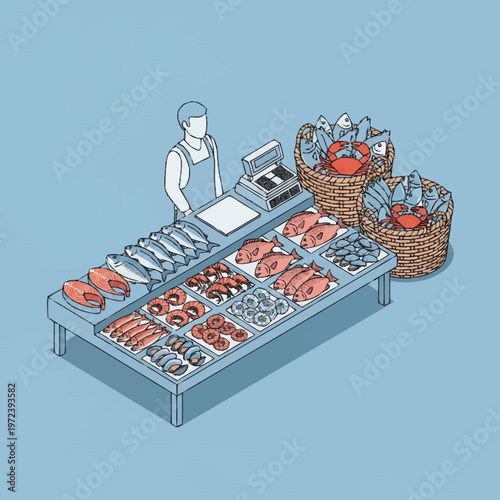 Isometric illustration of a fish market.