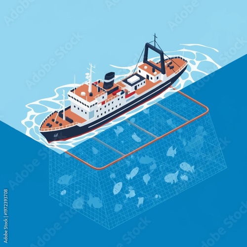 Fishing trawler boat in ocean waters.