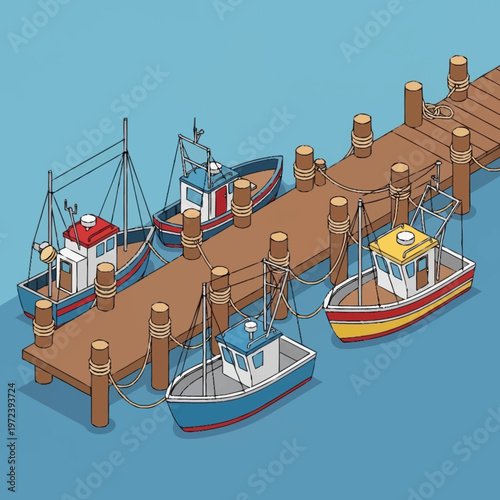 boats docked at a wooden pier.