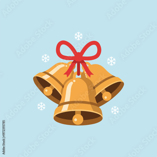 Bild auf Leinwand Golden Christmas Bells with Red Ribbon.
