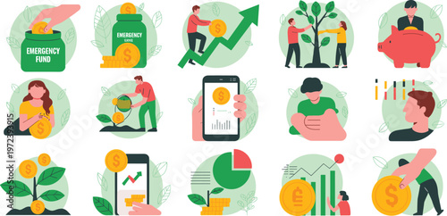 Financial management and savings icon set featuring emergency fund jars piggy bank money growth tree and investment data analytics vector