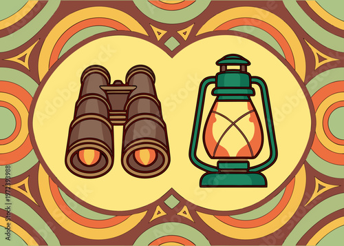 Brown binoculars and a green camping lantern are displayed over a background of repeating green and orange circular geometric patterns.