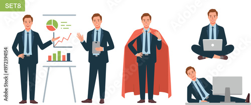 Professional businessman character set in various poses including superhero cape presentation with data charts and remote work laptop illustration vector