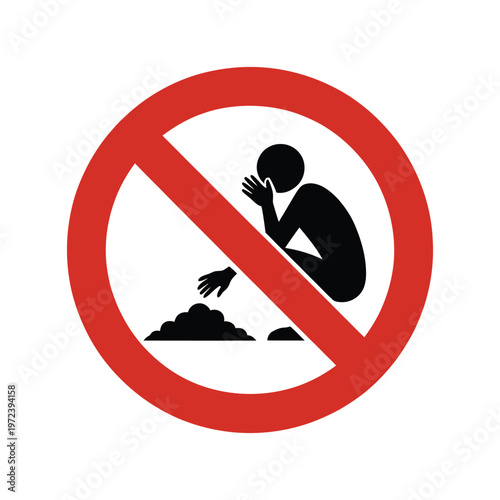 No littering sign vector illustration on transparent background. public warning forbidden symbol. human silhouette covering waste with hands.