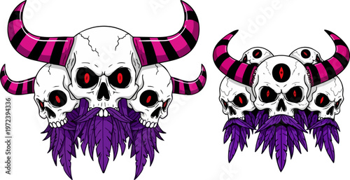 Demonic horned skull vector set, gothic monster skulls with purple beards and pink striped horns, occult horror illustration for apparel