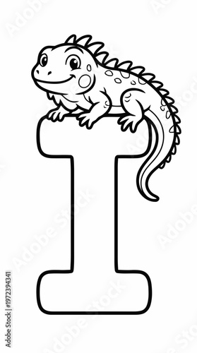 Coloring page of a cute iguana with letter I for kids, vector style black and white line art.
