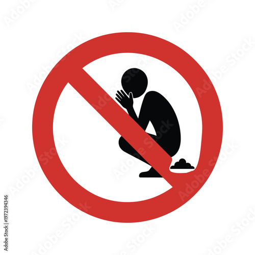 No littering sign vector illustration on transparent background. public warning forbidden symbol. human silhouette in a squatting position pooping.