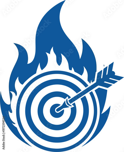 Blue target icon with an arrow in the bullseye and flames behind it on a white background