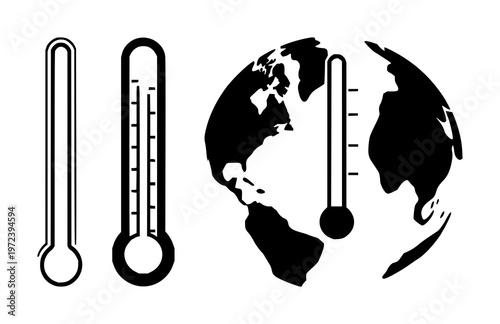 Climate change set with a global thermometer icon featuring environmental issues, global warming, temperature rise with ecological problems and weather patterns