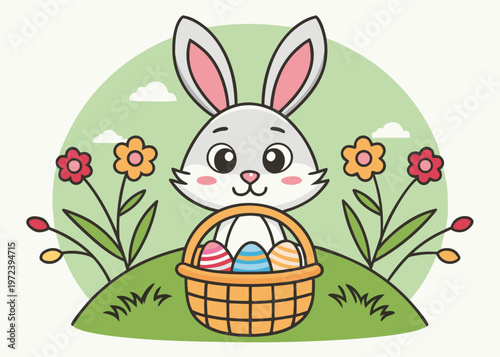 A grey cartoon bunny with large ears stands behind a brown basket containing three striped easter eggs in front of a green circular backdrop.