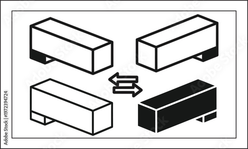 Isometric projection illustration demonstrating rotational transformation of rectangular prisms