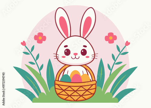 A white cartoon rabbit with whiskers stands behind a brown woven basket holding three colorful eggs against a soft pink circular background element.