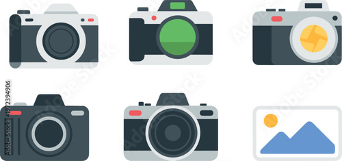 Professional photography equipment icon set featuring digital SLR cameras mirrorless devices and landscape photo gallery preview illustration vector
