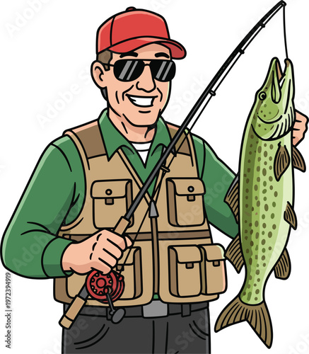 Fisherman holding big fish catch with fishing rod, cartoon character illustration in flat vector style for outdoor activity, hobby, and sport fishing design