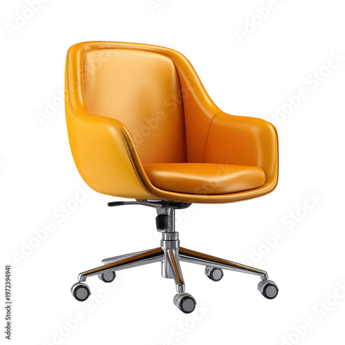 Bright orange chair with wheels and a modern design placed on a white background showcasing furniture style and color options on transparent background