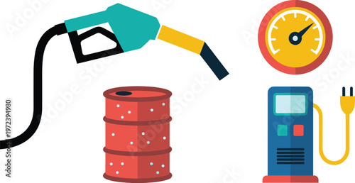 Energy and fuel icon set featuring gasoline nozzle pressure gauge oil barrel and electric vehicle charging station illustration vector
