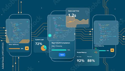 A futuristic vector graphic illustrating a digital dashboard with various data metrics and AI analytics on a dark blue background