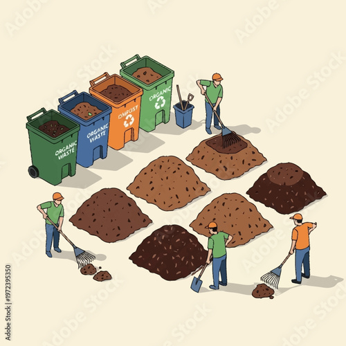 Workers composting soil in recycling bins.