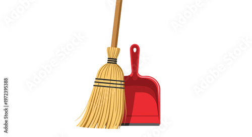 Illustration of a Traditional Straw Broom and Red Dustpan for Cleaning