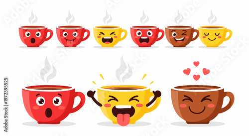 Cute coffee cup emoji characters set, funny cartoon mug mascots with different facial expressions, colorful beverage vector icons for cafe branding