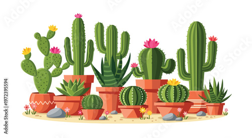 Collection of Decorative Potted Cacti and Succulents in Flat Vector Illustration