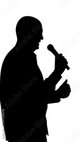 Black Silhouette of a Man Holding a Microphone and Speaking Isolated on White Background