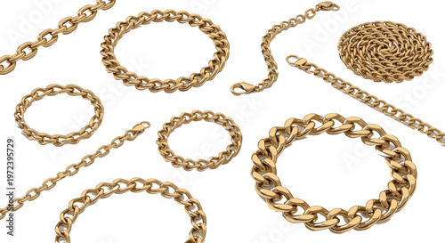 Gold chain jewelry collection featuring bracelets and necklaces in realistic detailed vector style, luxury fashion accessories for branding, packaging, and premium design projects