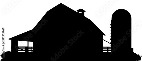 Black Barn and Silo Silhouette Vector Illustration of a Farm Building Isolated on White Background