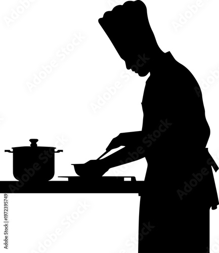 Chef Silhouette Cooking in Professional Kitchen with Pot and Bowl Vector Illustration