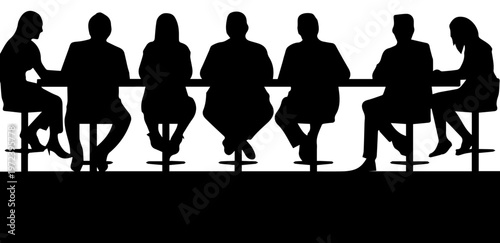 Black Silhouettes of a Group of People Sitting at a Long Table for a Meeting or Conference