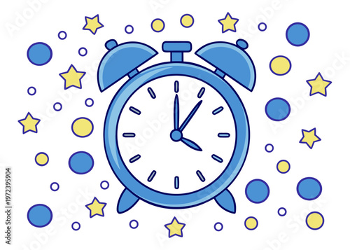 A blue analog alarm clock with metal bells and legs displaying a time of one fifteen surrounded by floating stars and round bubbles.