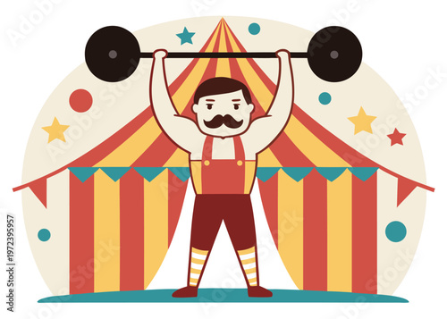 A cartoon circus strongman with a black handlebar mustache wearing a red singlet lifts a black barbell in front of a striped tent.