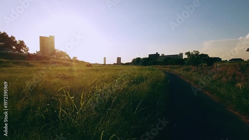 夕日に照らされる河川敷の遊歩道