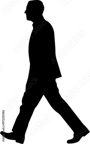 Full length side profile silhouette of a businessman in a suit walking isolated on white background