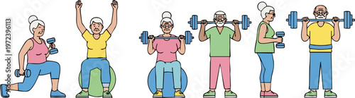 Active senior citizens exercising with weights, elderly people fitness set with dumbbells and barbells, healthy lifestyle for older adults vector