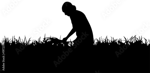Silhouette of a woman farmer working in a field of tall grass or harvesting crops isolated on white background vector illustration