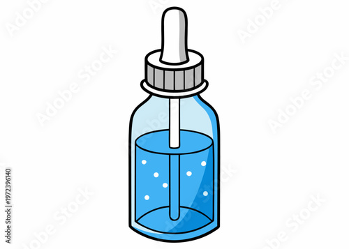 A clear glass dropper bottle containing blue liquid with white circular bubbles and a grey cap featuring a white bulb and pipette.