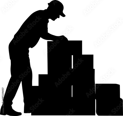 Black silhouette of a warehouse worker or delivery man stacking cardboard boxes for shipping and logistics