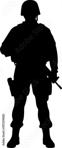 Black Silhouette of an Armed Military Soldier in Full Tactical Uniform Standing with a Rifle