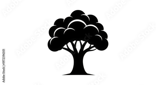 A black silhouette of a tree with a large canopy