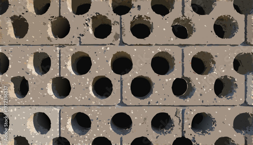A close-up view of a gray concrete block wall with multiple holes