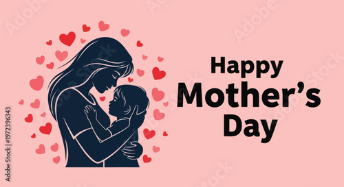 Mother's Day greeting card with mother and child embracing surrounded by hearts on pink background