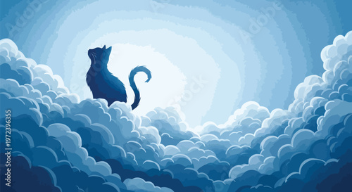 Whimsical fantasy cat sitting on clouds with moonlight, serene dreamy scene with blue hues and soft textures, peaceful atmosphere