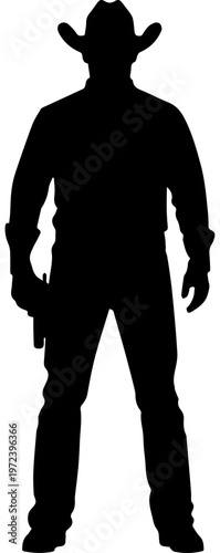 Black Silhouette of a Western Cowboy or Gunfighter Wearing a Hat and Pistol Holster Isolated on White